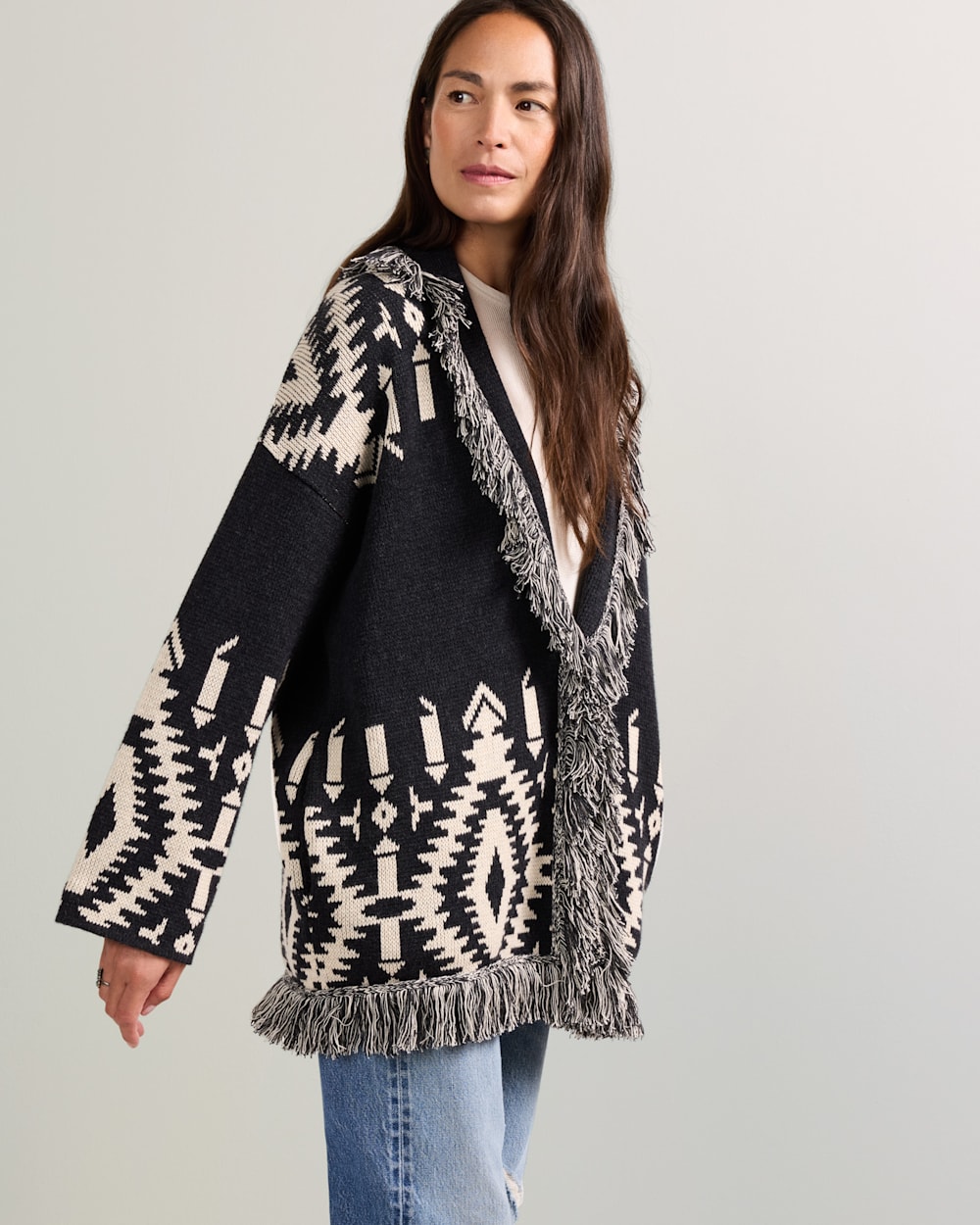 WOMEN'S GRAPHIC FRINGE CARDIGAN IN BLACK/IVORY image number 1