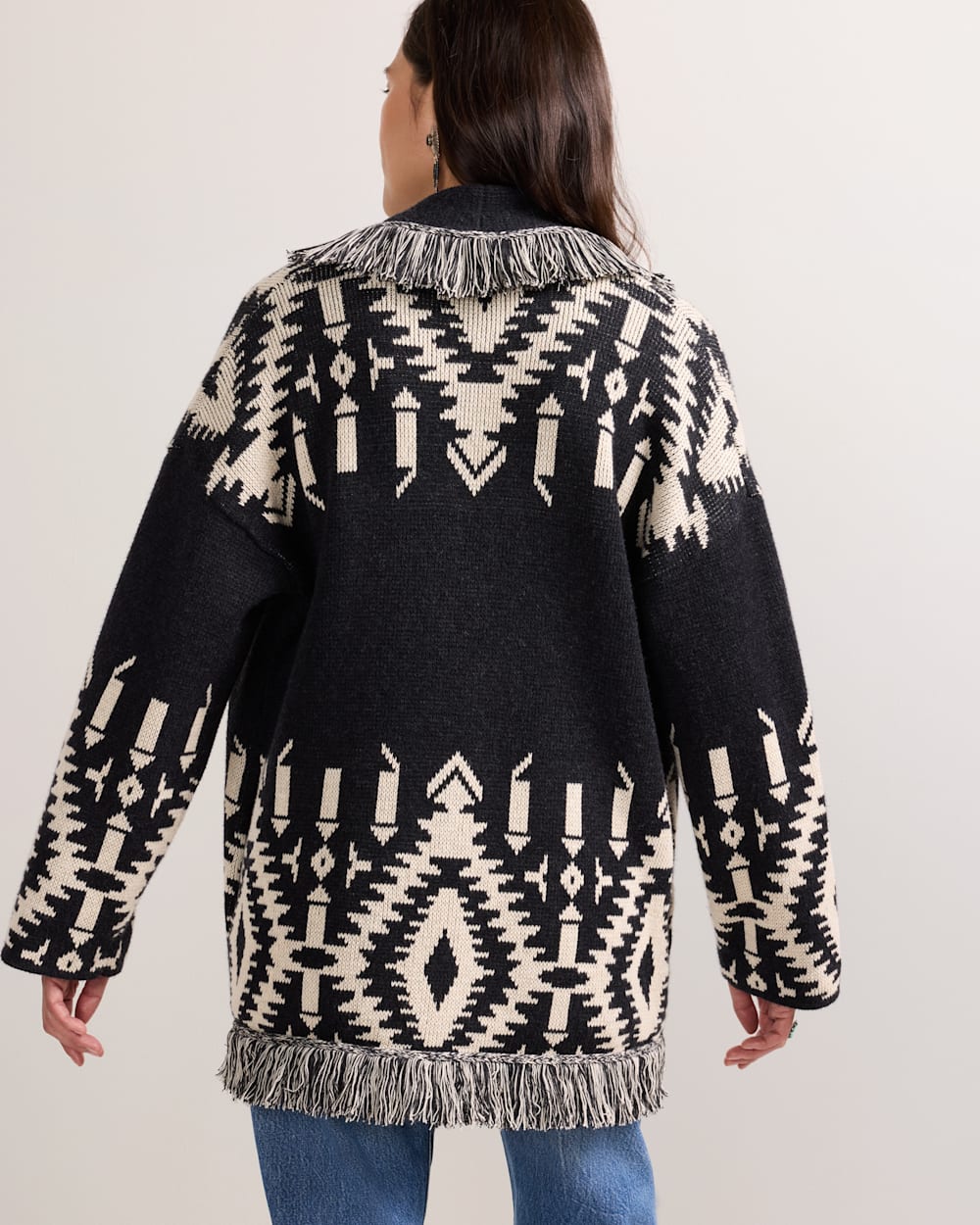 ALTERNATE VIEW OF WOMEN'S GRAPHIC FRINGE CARDIGAN IN BLACK/IVORY image number 3