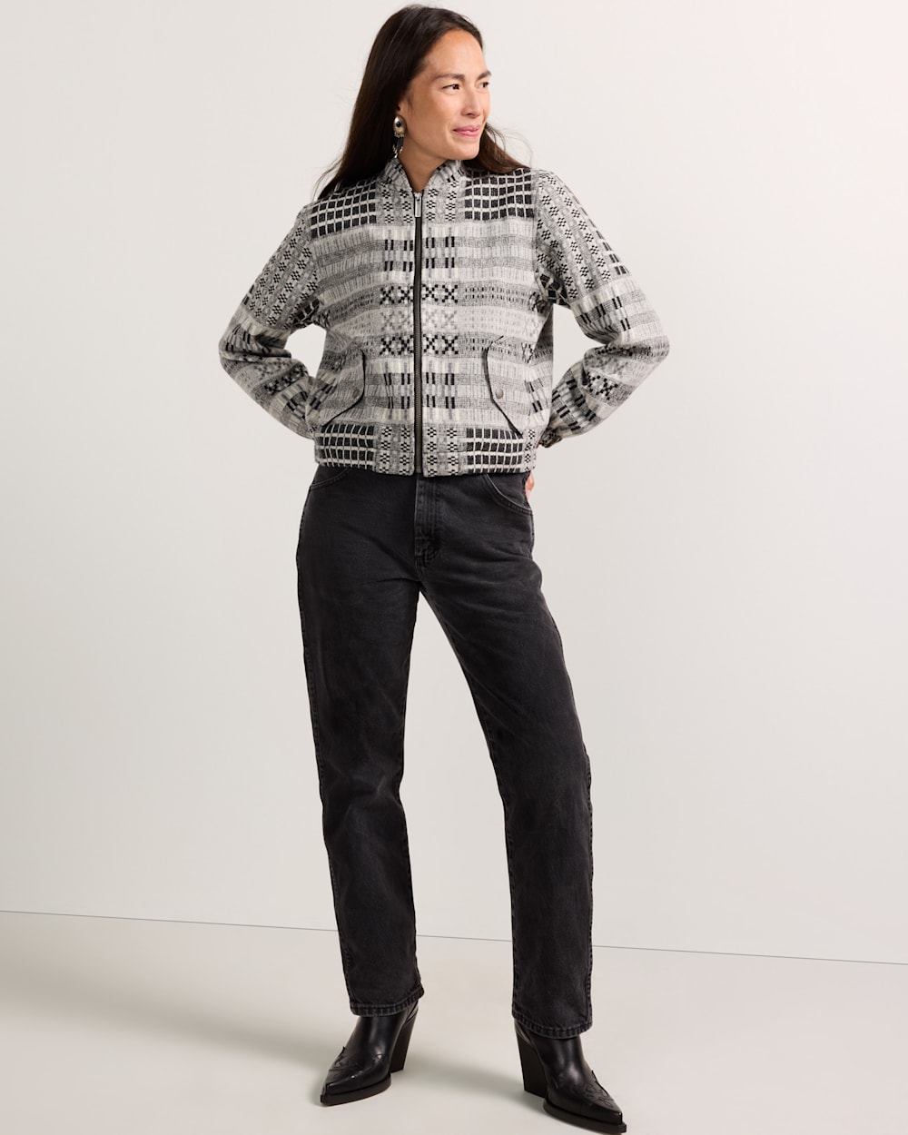 WOMEN'S TEXTURED WOOL BOMBER JACKET IN BLACK/GREY OVERSHOT image number 1