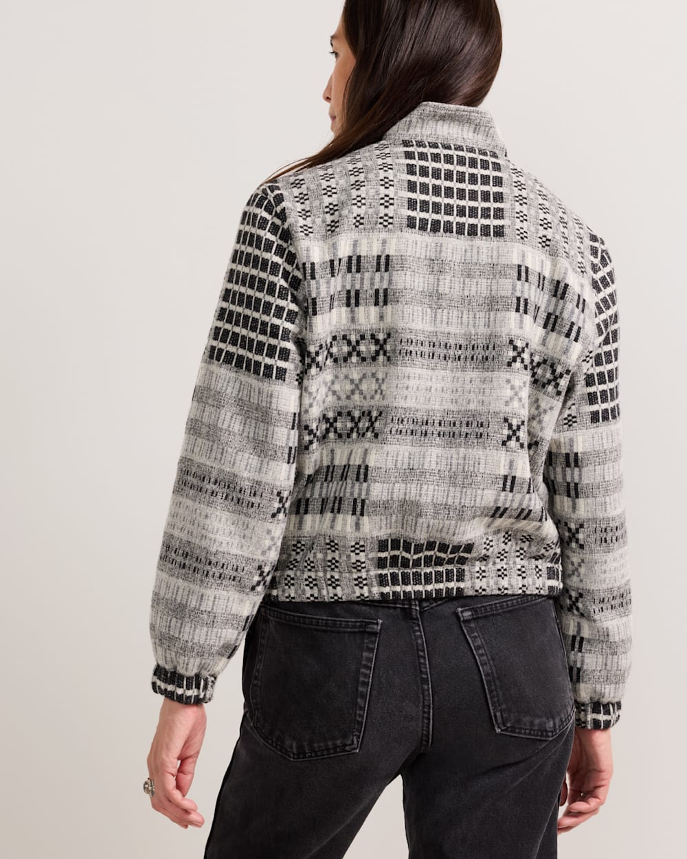 ALTERNATE VIEW OF WOMEN'S TEXTURED WOOL BOMBER JACKET IN BLACK/GREY OVERSHOT image number 3