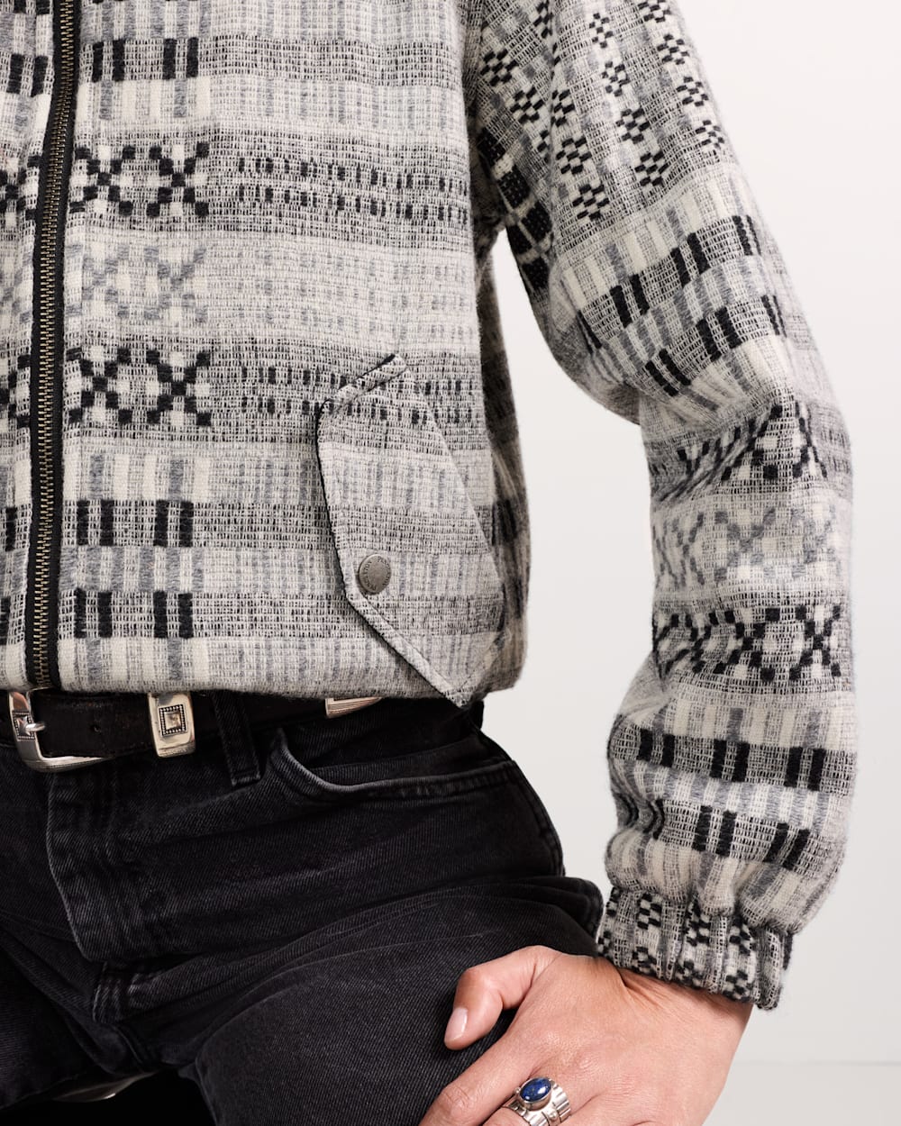 ALTERNATE VIEW OF WOMEN'S TEXTURED WOOL BOMBER JACKET IN BLACK/GREY OVERSHOT image number 5