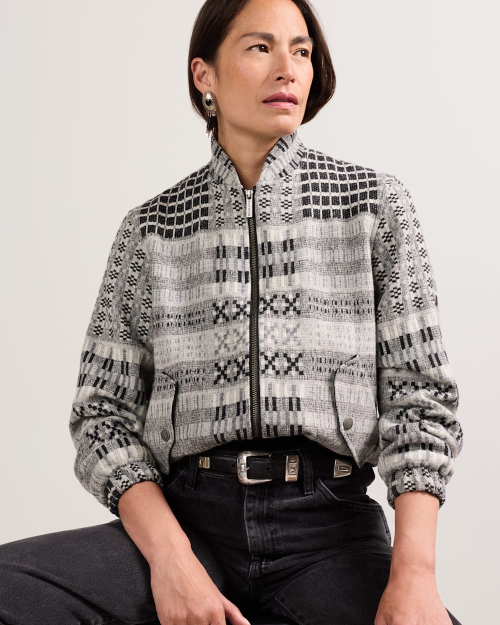 ALTERNATE VIEW OF WOMEN'S TEXTURED WOOL BOMBER JACKET IN BLACK/GREY OVERSHOT image number 6
