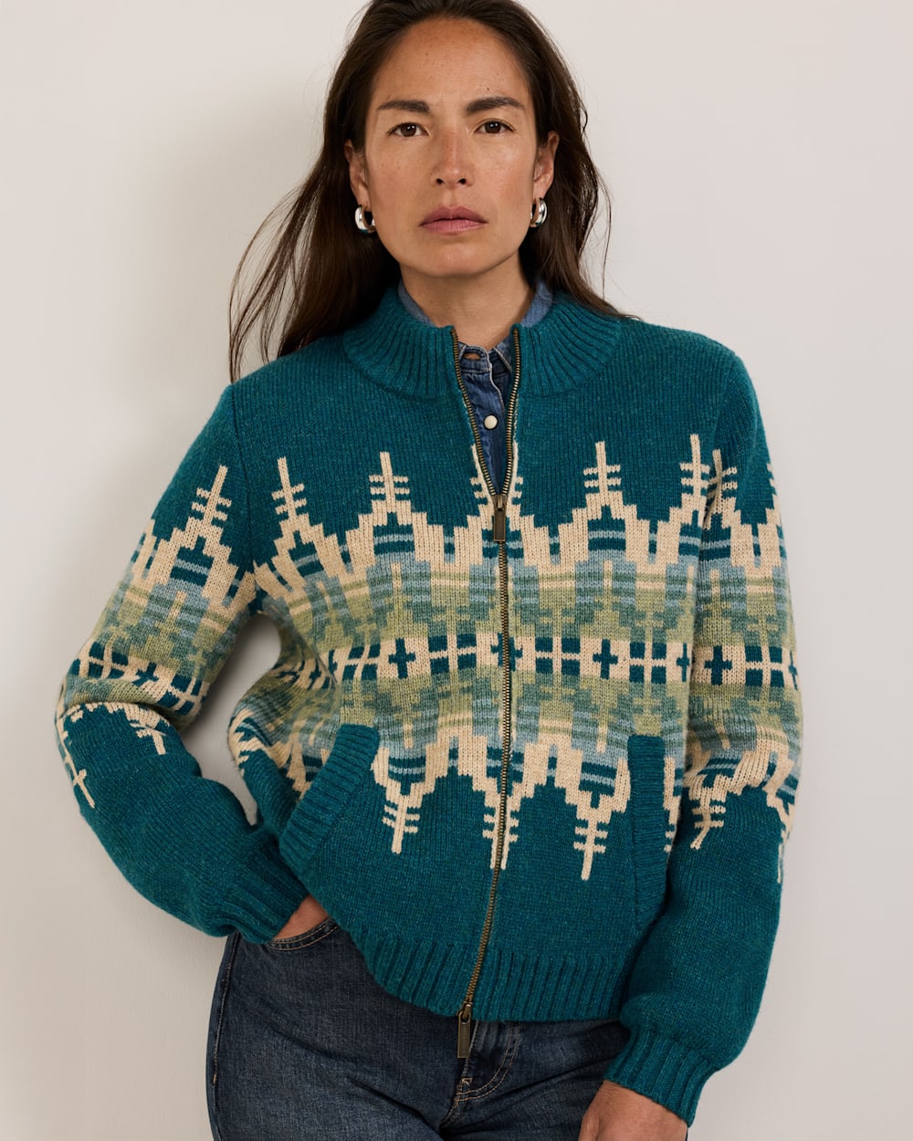 WOMEN'S GRAPHIC SHETLAND COLLECTION ZIP CARDIGAN IN DARK TEAL MULTI image number 1