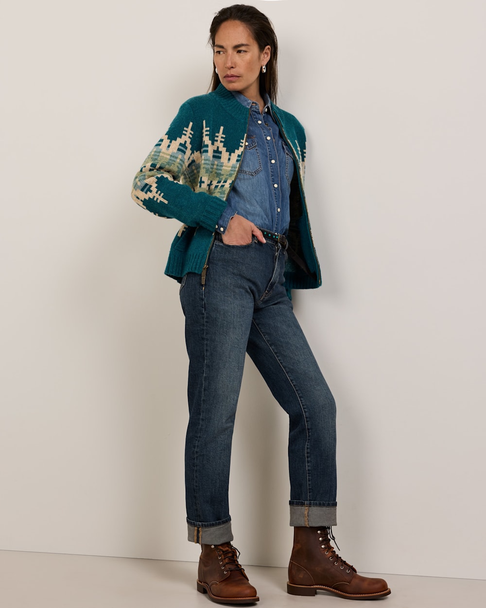 ALTERNATE VIEW OF WOMEN'S GRAPHIC SHETLAND COLLECTION ZIP CARDIGAN IN DARK TEAL MULTI image number 2