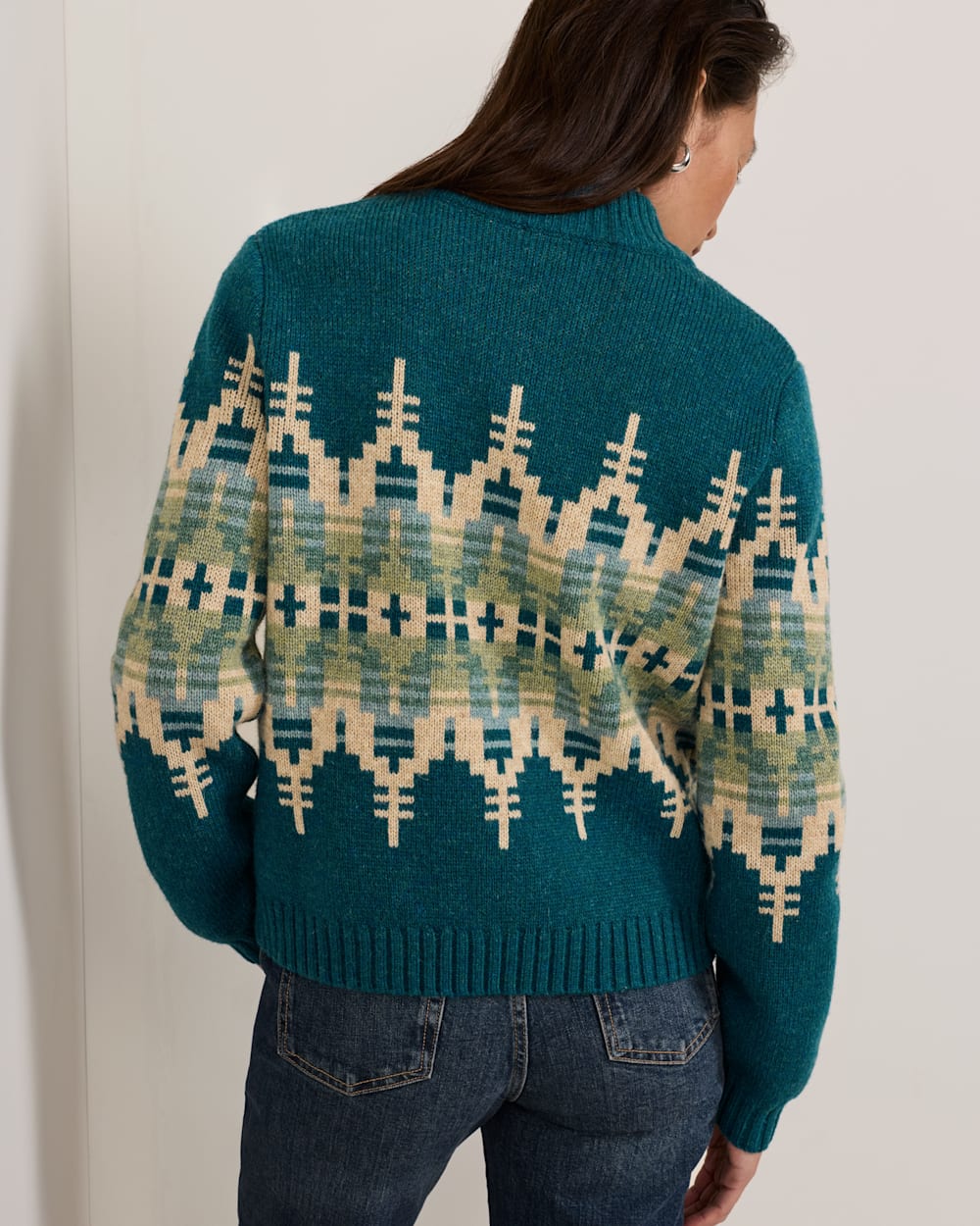 ALTERNATE VIEW OF WOMEN'S GRAPHIC SHETLAND COLLECTION ZIP CARDIGAN IN DARK TEAL MULTI image number 4