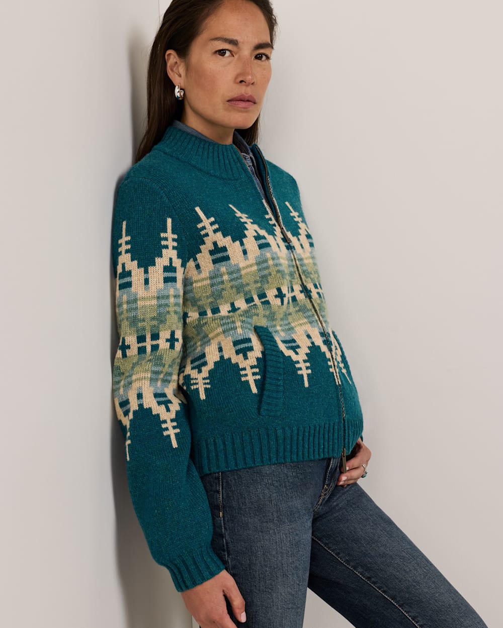 ALTERNATE VIEW OF WOMEN'S GRAPHIC SHETLAND COLLECTION ZIP CARDIGAN IN DARK TEAL MULTI image number 5