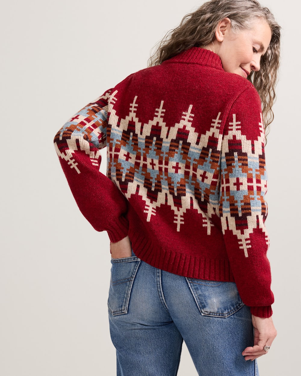 ALTERNATE VIEW OF WOMEN'S GRAPHIC SHETLAND COLLECTION ZIP CARDIGAN IN CHILI RED MULTI image number 2