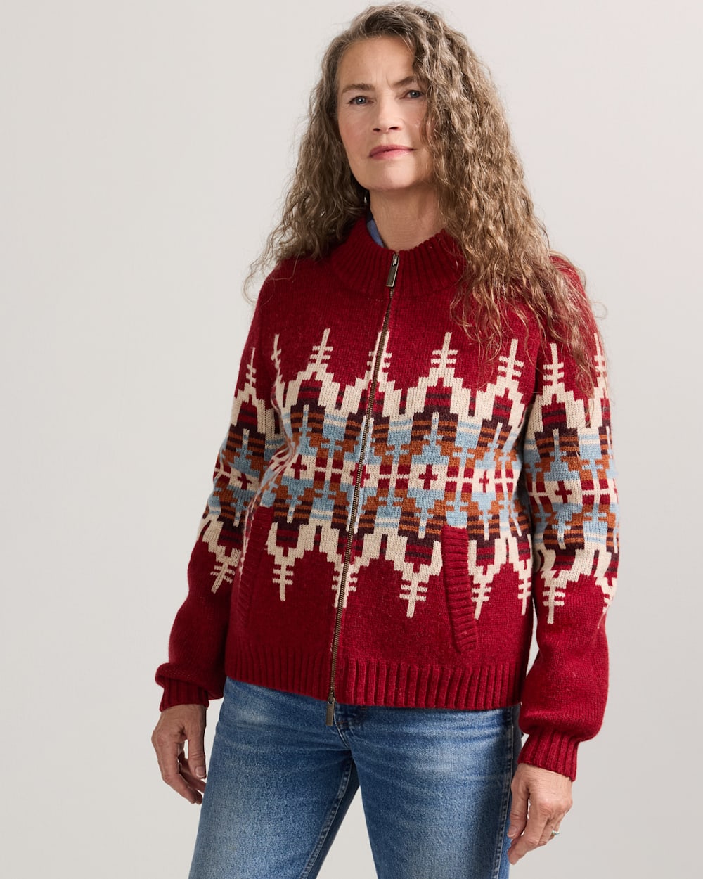 ALTERNATE VIEW OF WOMEN'S GRAPHIC SHETLAND COLLECTION ZIP CARDIGAN IN CHILI RED MULTI image number 3