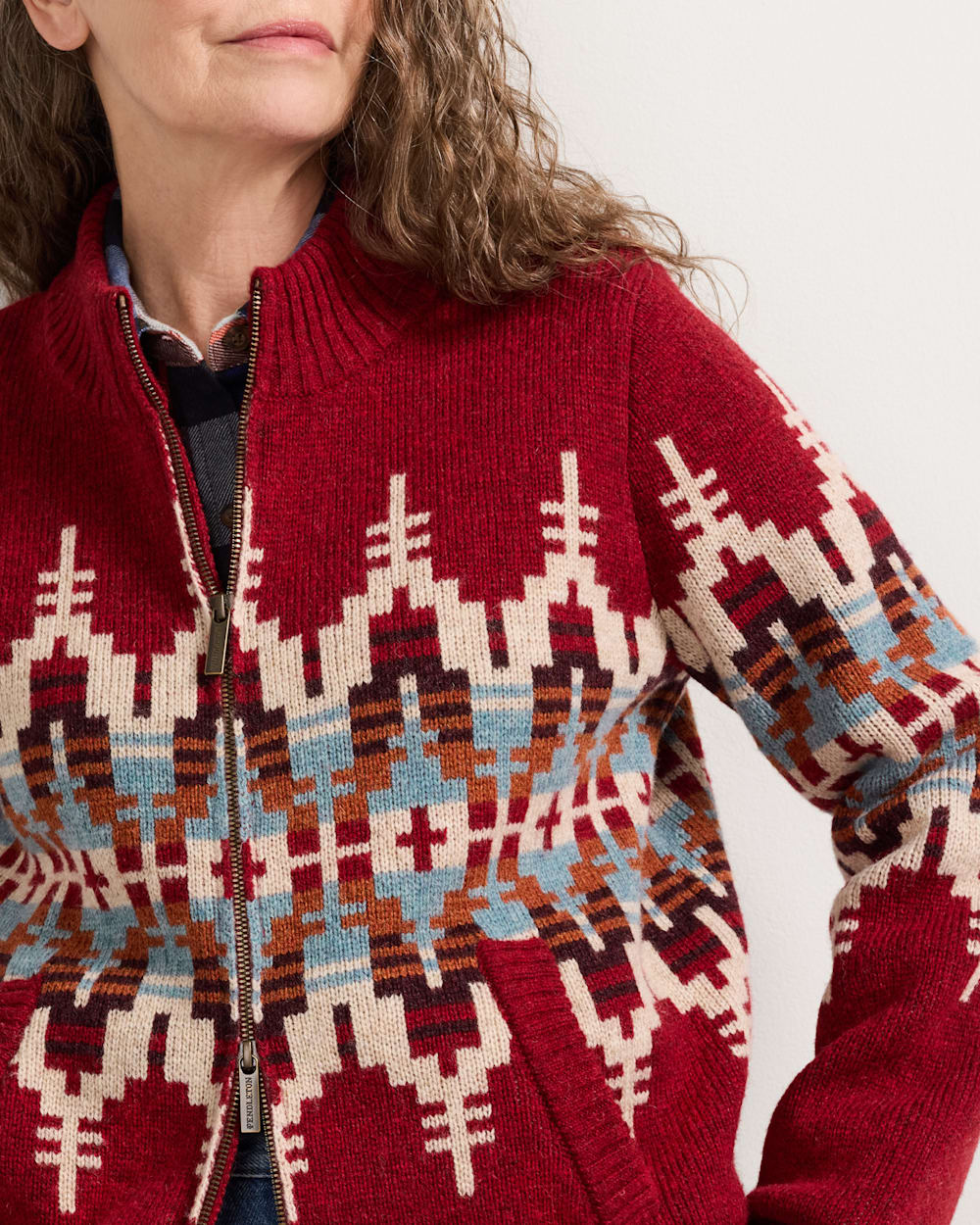 ALTERNATE VIEW OF WOMEN'S GRAPHIC SHETLAND COLLECTION ZIP CARDIGAN IN CHILI RED MULTI image number 5