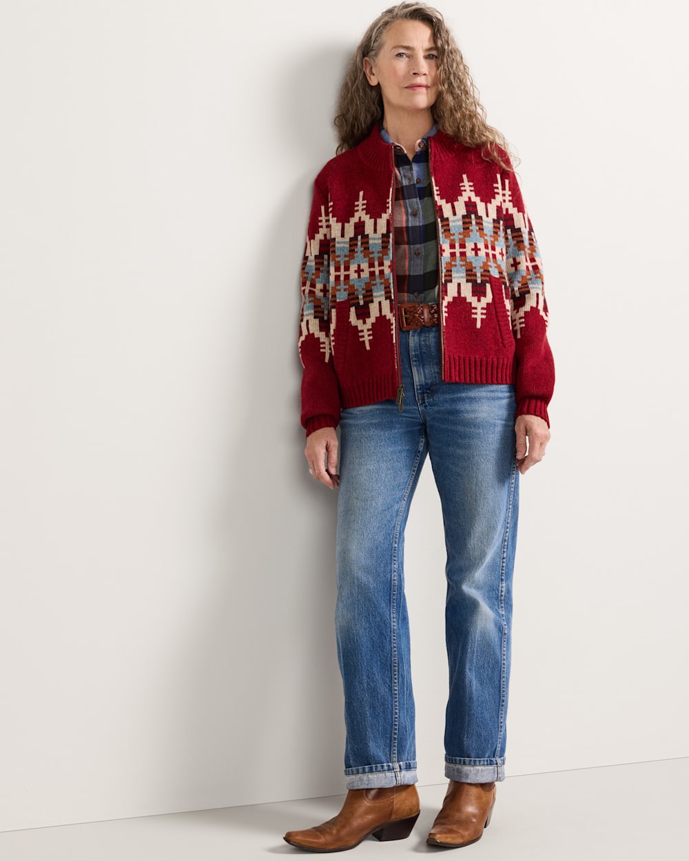 ALTERNATE VIEW OF WOMEN'S GRAPHIC SHETLAND COLLECTION ZIP CARDIGAN IN CHILI RED MULTI image number 6