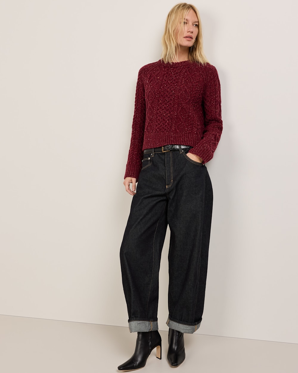 WOMEN'S FISHERMAN DONEGAL WOOL SWEATER IN WINE DONEGAL image number 1