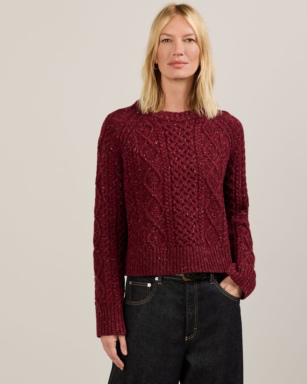 ALTERNATE VIEW OF WOMEN'S FISHERMAN DONEGAL WOOL SWEATER IN WINE DONEGAL image number 3