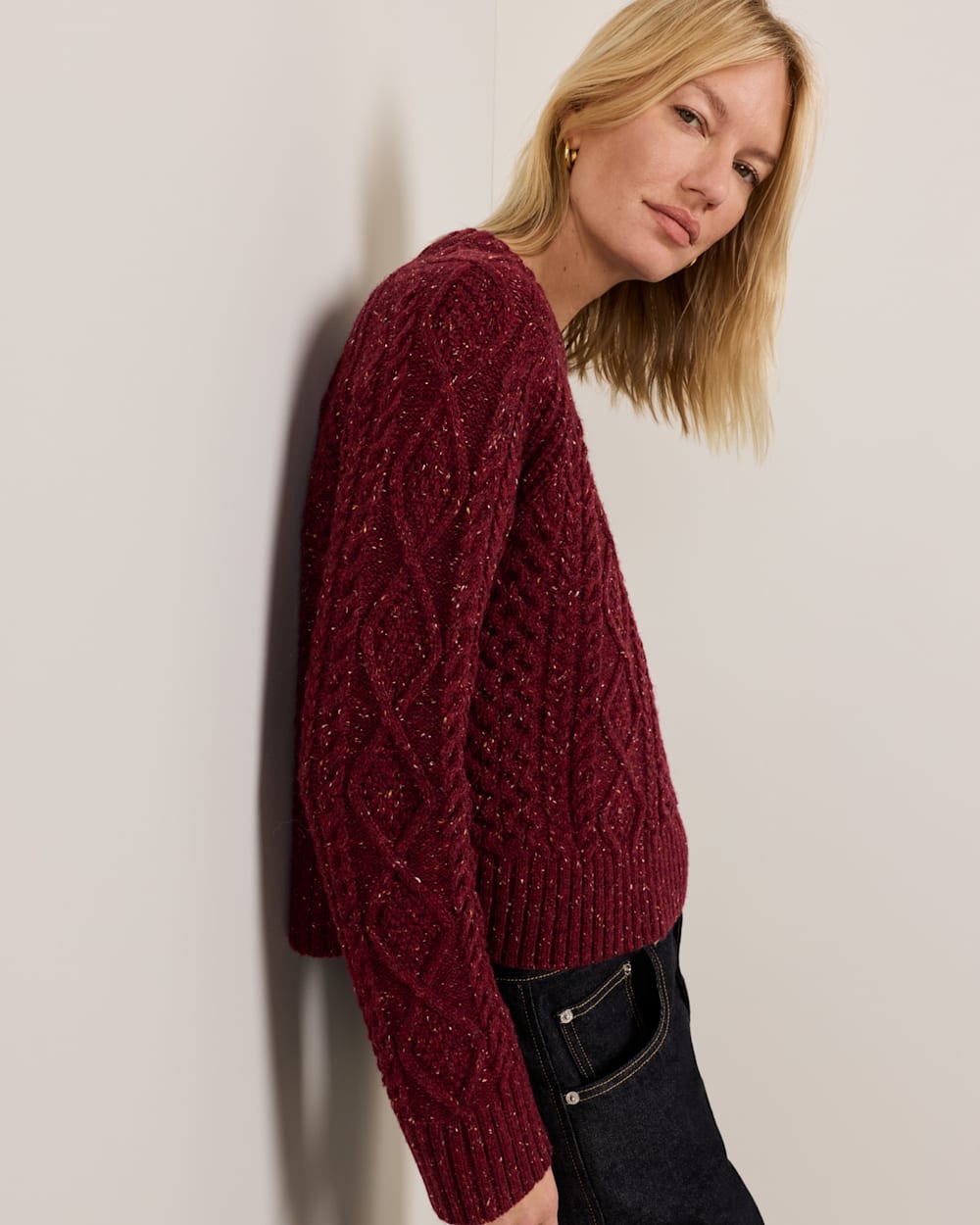 ALTERNATE VIEW OF WOMEN'S FISHERMAN DONEGAL WOOL SWEATER IN WINE DONEGAL image number 4
