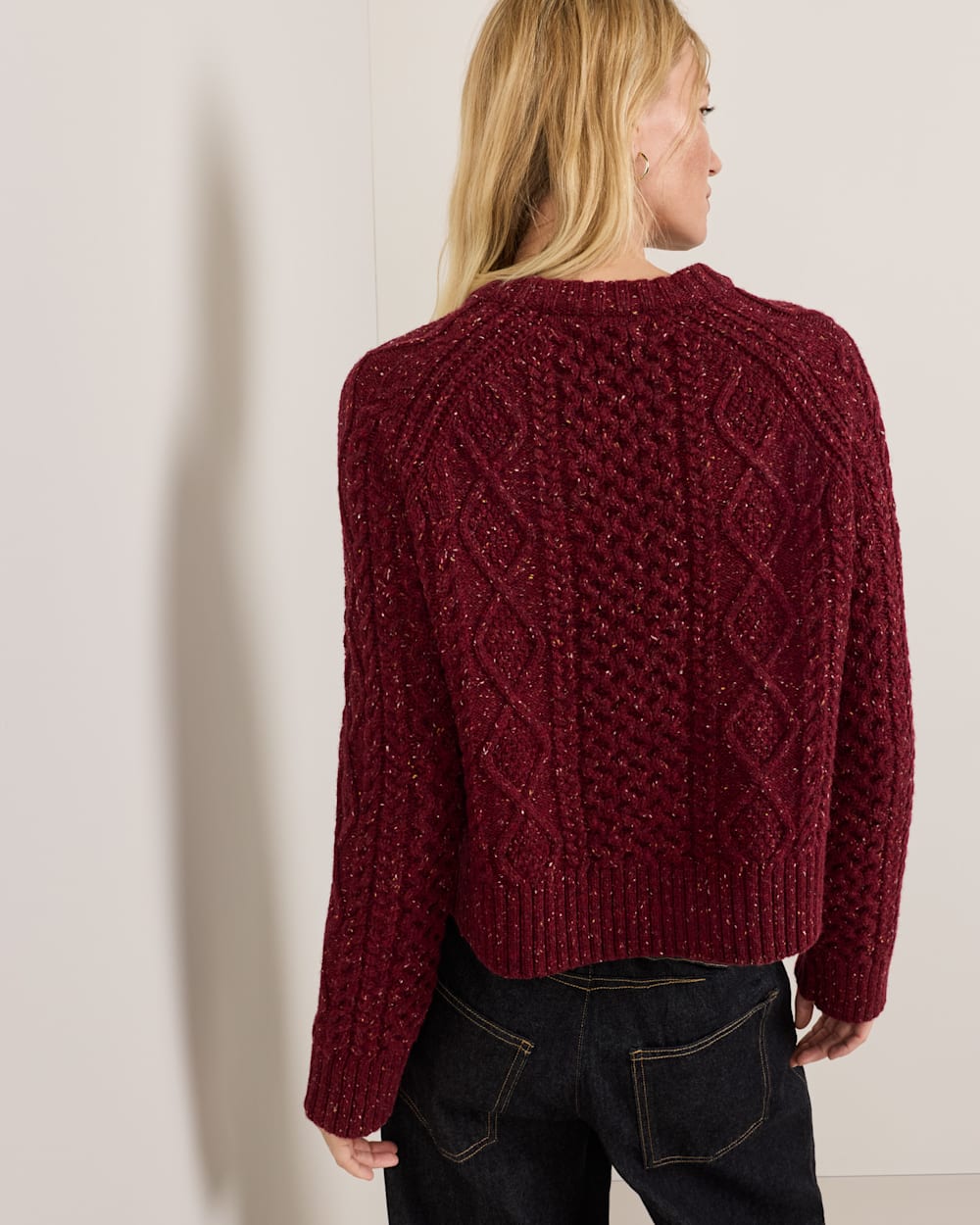 ALTERNATE VIEW OF WOMEN'S FISHERMAN DONEGAL WOOL SWEATER IN WINE DONEGAL image number 5
