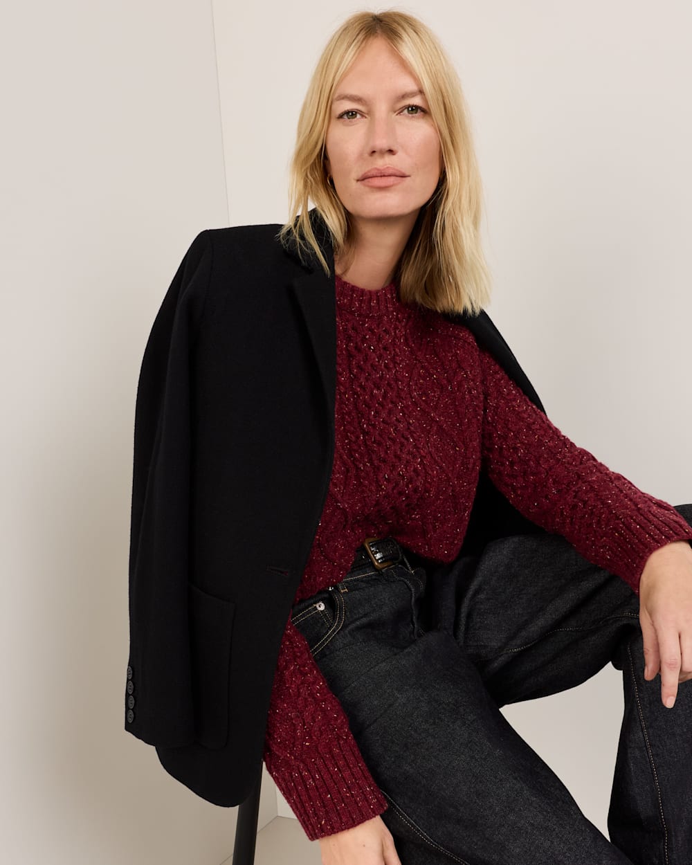 ALTERNATE VIEW OF WOMEN'S FISHERMAN DONEGAL WOOL SWEATER IN WINE DONEGAL image number 6