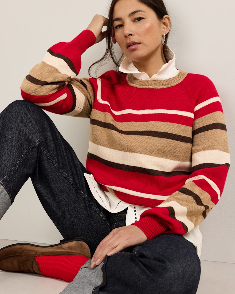 WOMEN'S MERINO MULTI STRIPE SWEATER IN RED MULTI image number 1