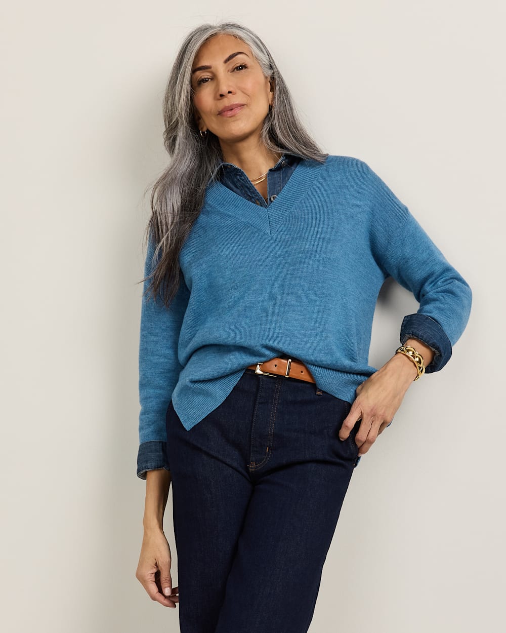 ALTERNATE VIEW OF WOMEN'S MERINO V-NECK SWEATER IN BLUE image number 2