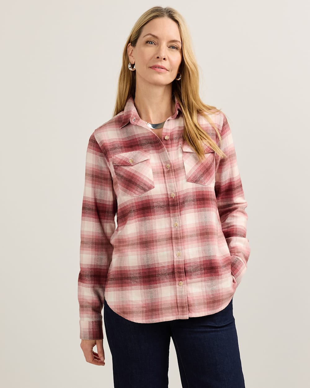 ALTERNATE VIEW OF WOMEN'S PLAID PERFECT TWO POCKET FLANNEL SHIRT IN ROSE OMBRE image number 2