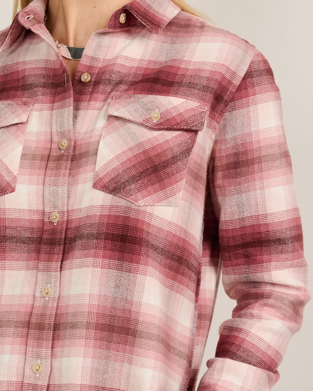 ALTERNATE VIEW OF WOMEN'S PLAID PERFECT TWO POCKET FLANNEL SHIRT IN ROSE OMBRE image number 5