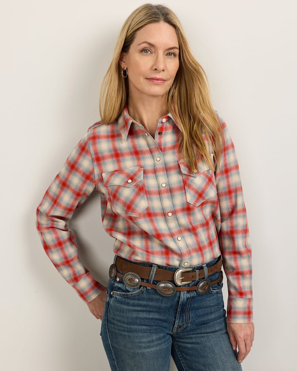 WOMEN'S PLAID WOOL GAMBLER SHIRT IN RED/AQUA OMBRE image number 1