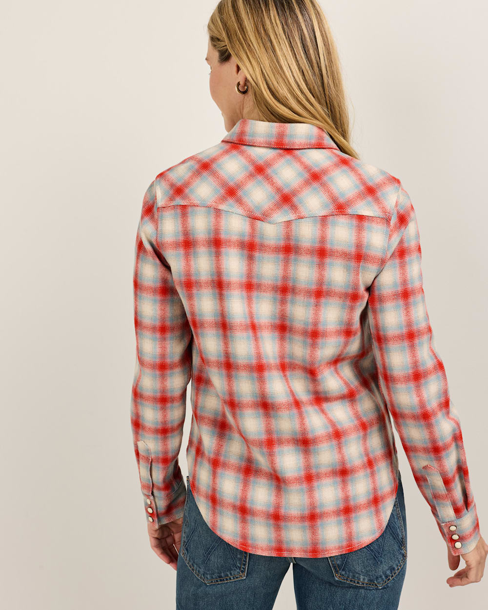 ALTERNATE VIEW OF WOMEN'S PLAID WOOL GAMBLER SHIRT IN RED/AQUA OMBRE image number 3