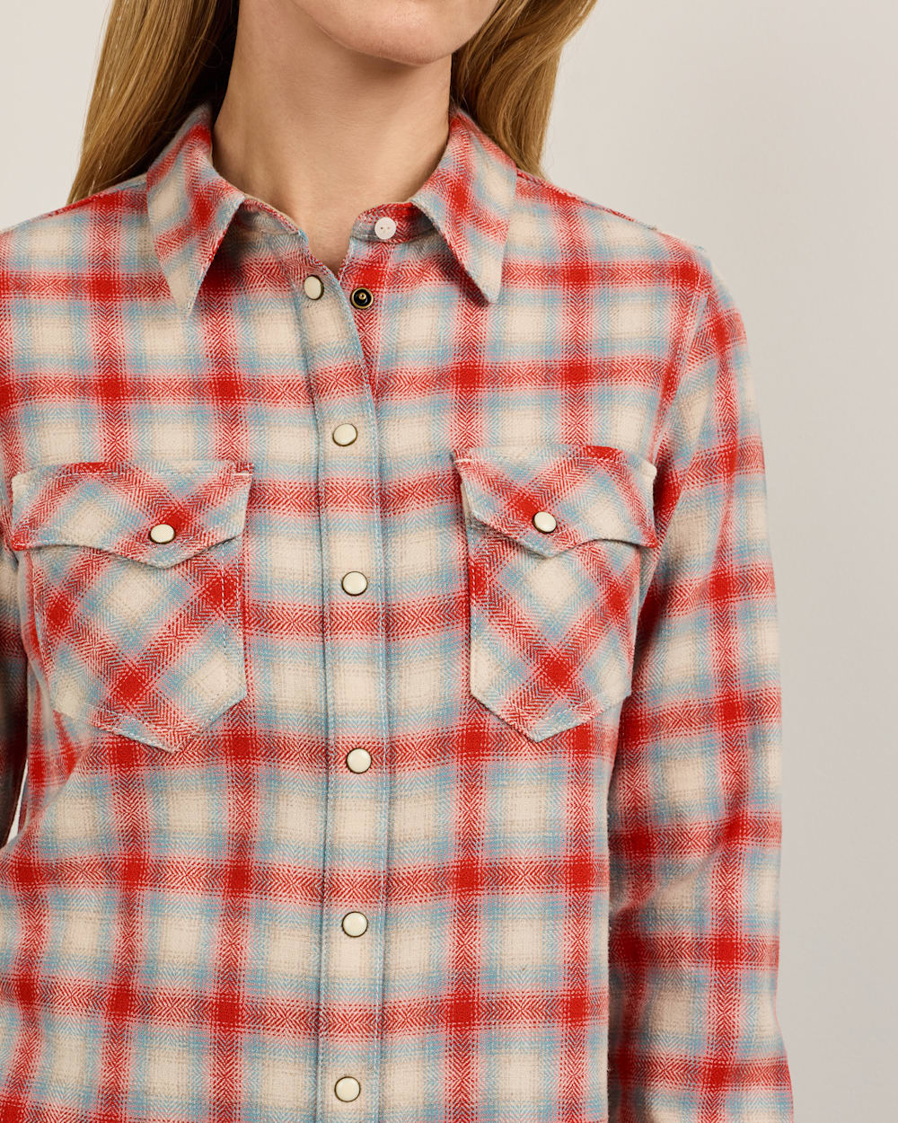 ALTERNATE VIEW OF WOMEN'S PLAID WOOL GAMBLER SHIRT IN RED/AQUA OMBRE image number 4