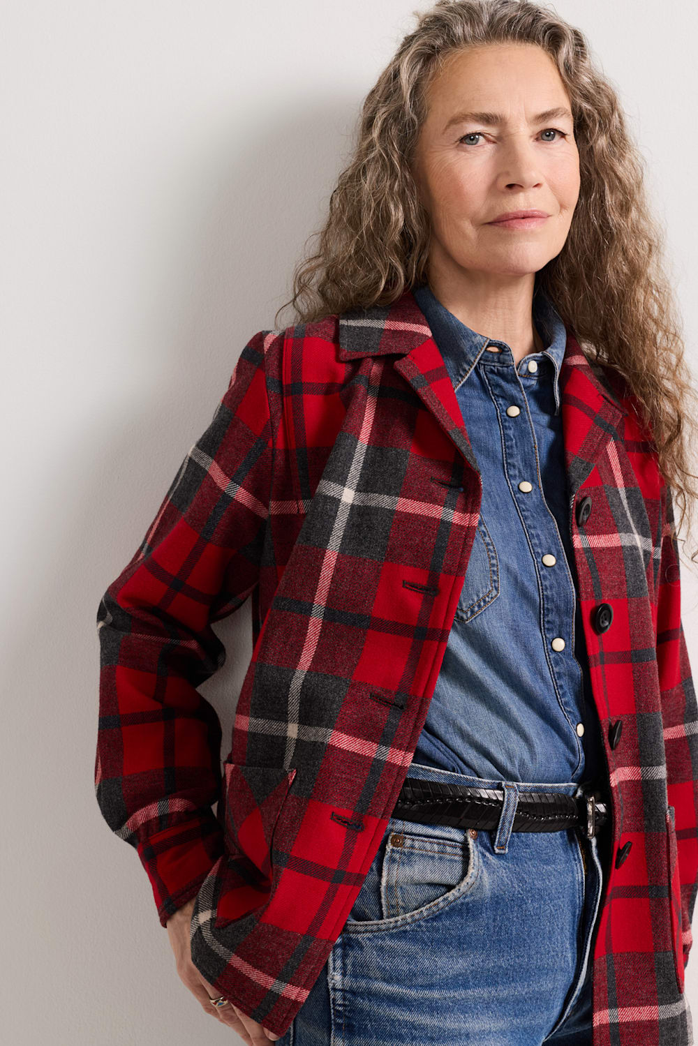 WOMEN'S 49ER JACKET IN RED/CHARCOAL PLAID image number 1