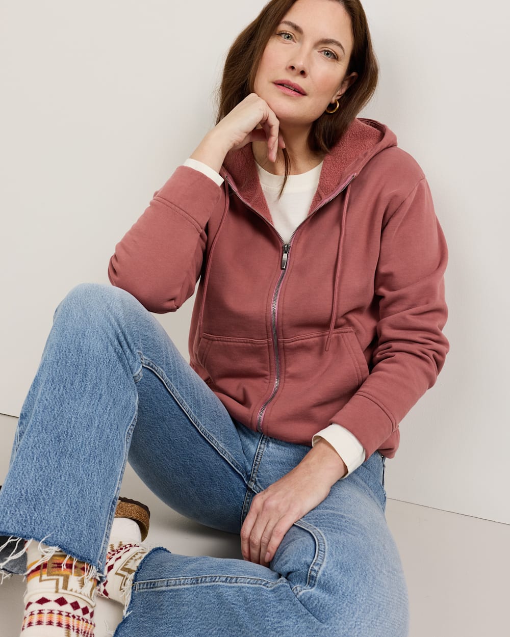 WOMEN'S EMBROIDERED GRAPHIC ZIP HOODIE IN DARK ROSE image number 1