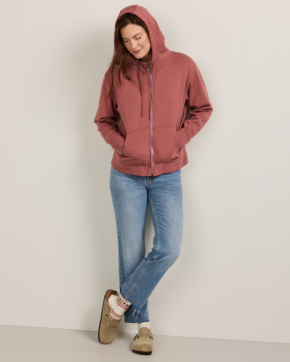 ALTERNATE VIEW OF WOMEN'S EMBROIDERED GRAPHIC ZIP HOODIE IN DARK ROSE image number 5