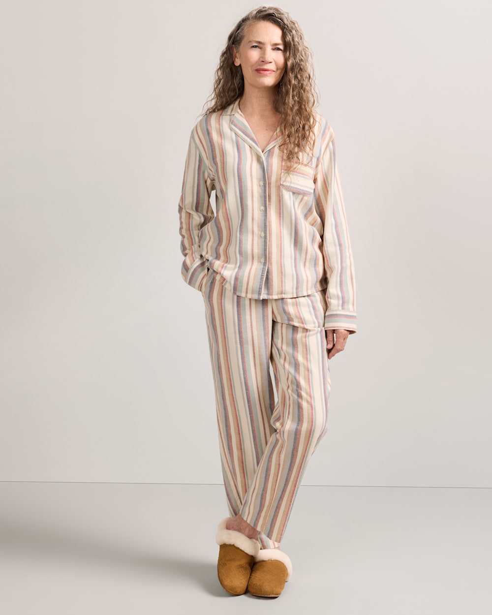 WOMEN'S MULTI STRIPE FLANNEL PAJAMA SET IN IVORY MULTI image number 1
