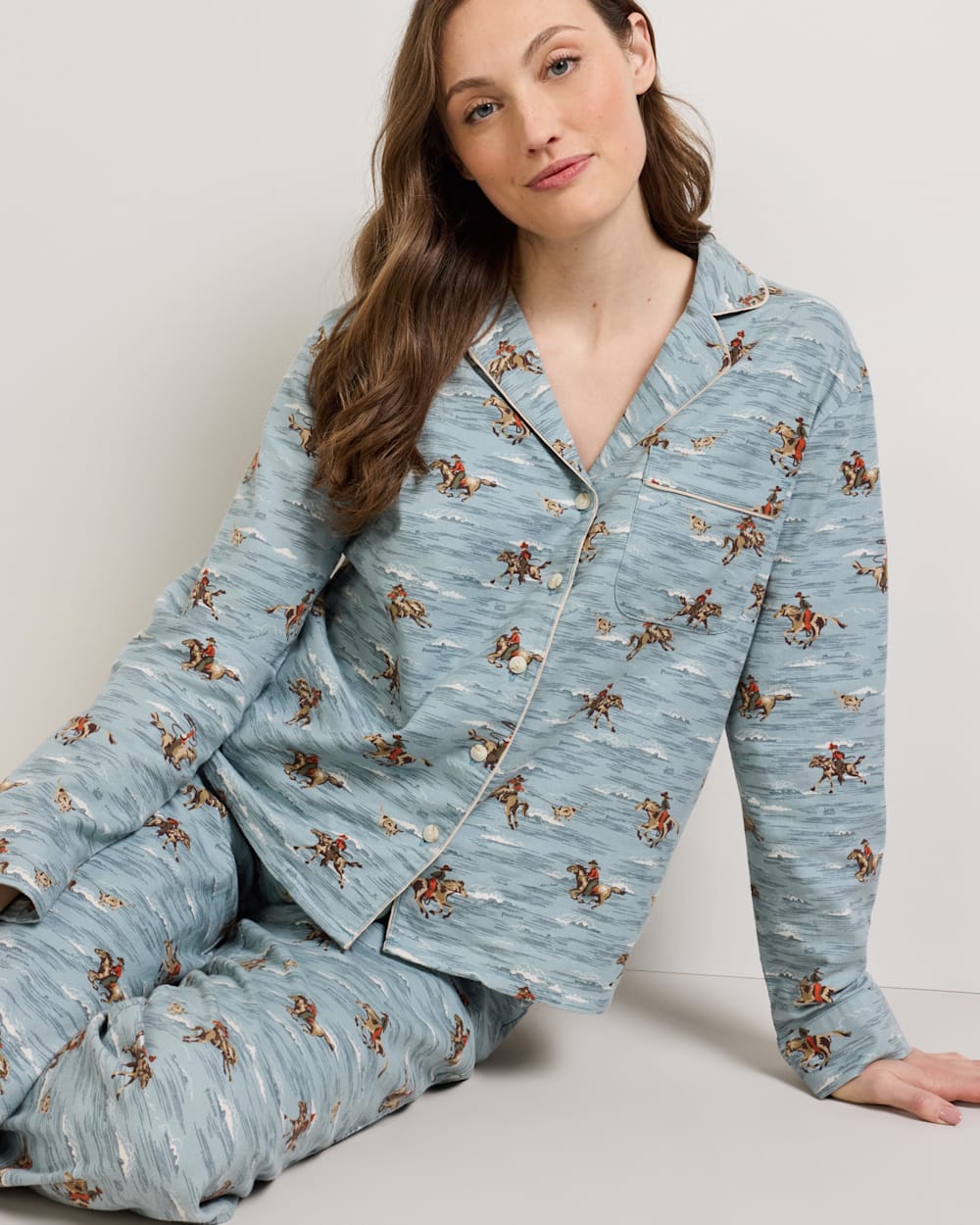 ALTERNATE VIEW OF WOMEN'S COWBOY PRINT FLANNEL PAJAMA SET IN BLUE image number 6