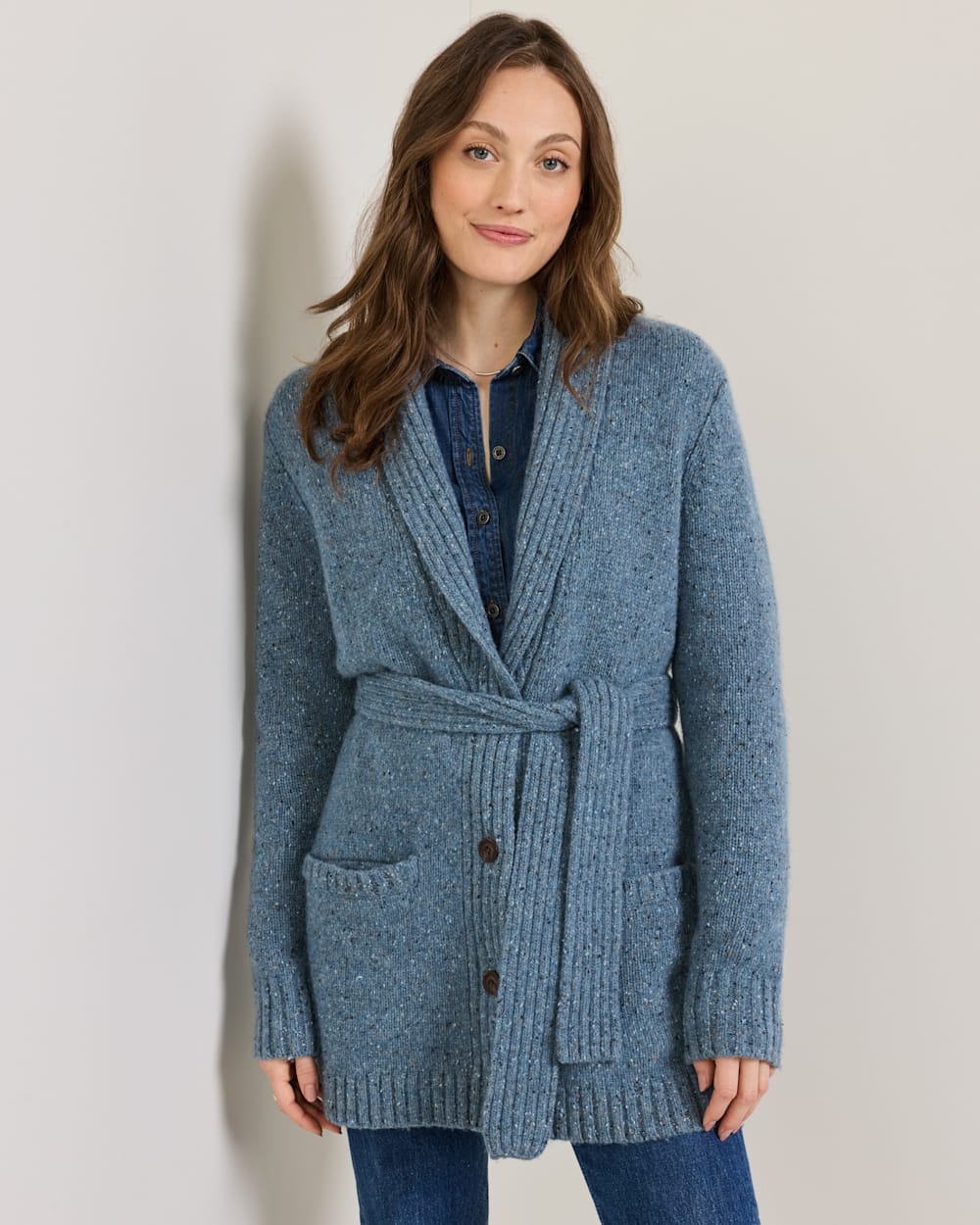 WOMEN'S LAMBSWOOL BELTED CARDIGAN IN BLUE DONEGAL image number 1