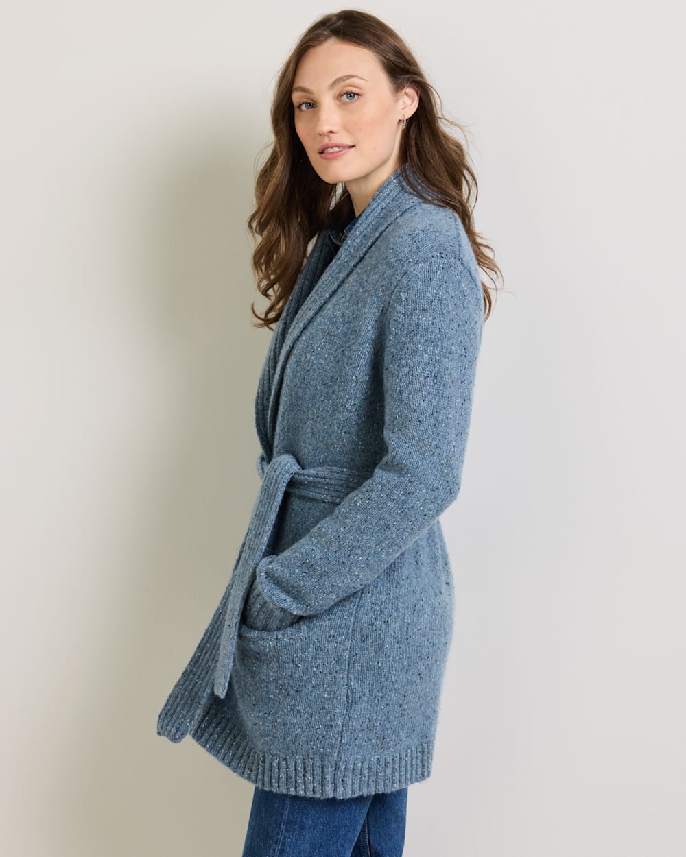 ALTERNATE VIEW OF WOMEN'S LAMBSWOOL BELTED CARDIGAN IN BLUE DONEGAL image number 3