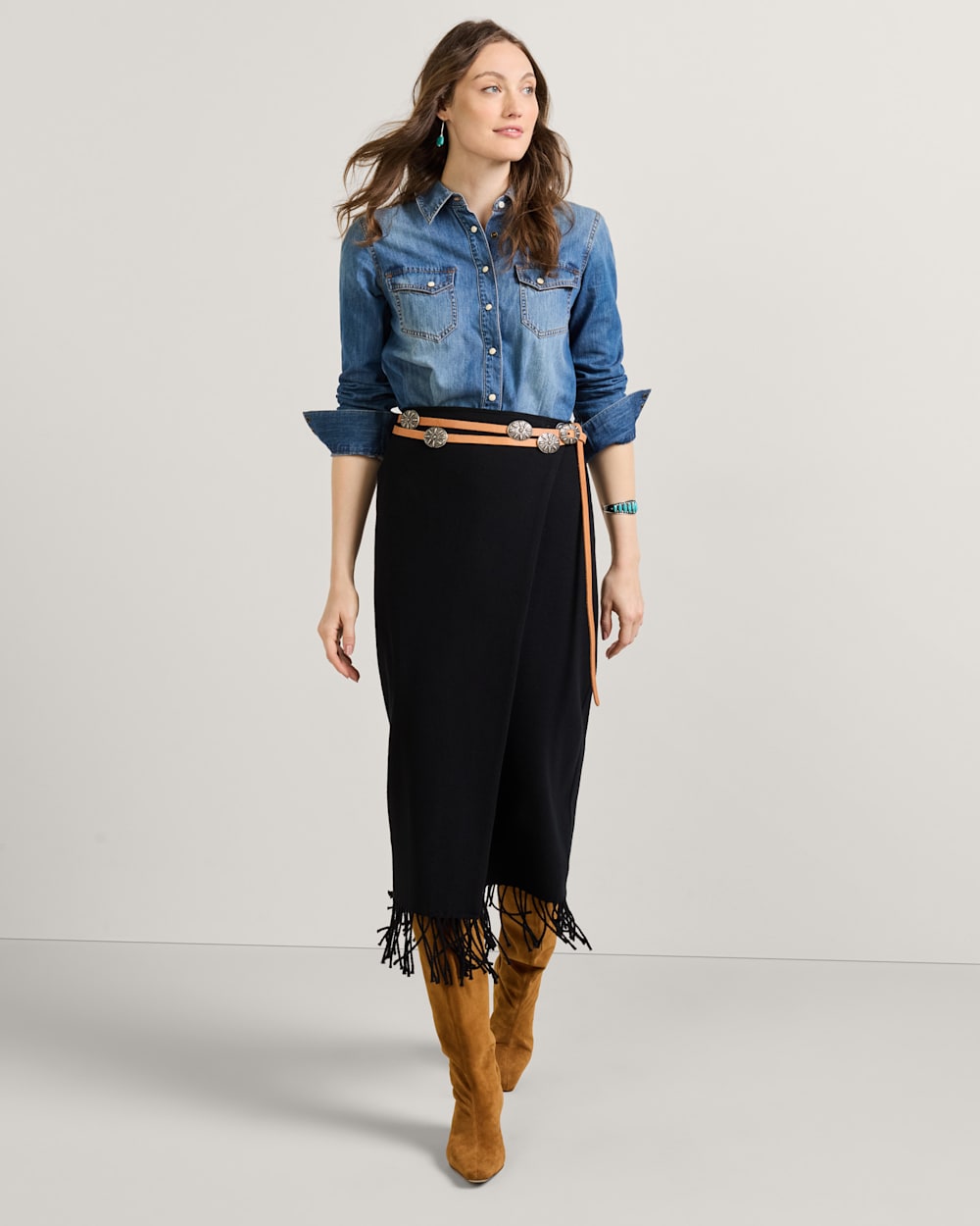 ALTERNATE VIEW OF WOMEN'S WOOL FRINGED WRAP SKIRT IN BLACK image number 2