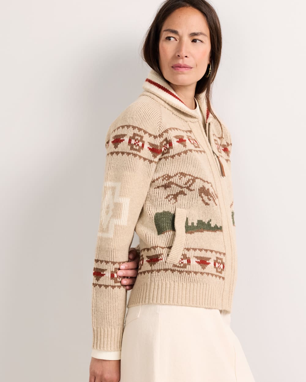 ALTERNATE VIEW OF WOMEN'S ALPINE LAMBSWOOL ZIP CARDIGAN IN OATMEAL HEATHER image number 4