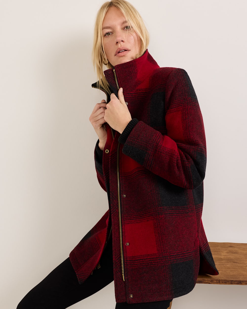 ALTERNATE VIEW OF WOMEN'S PLAID WOOL COAT IN RED OMBRE image number 4