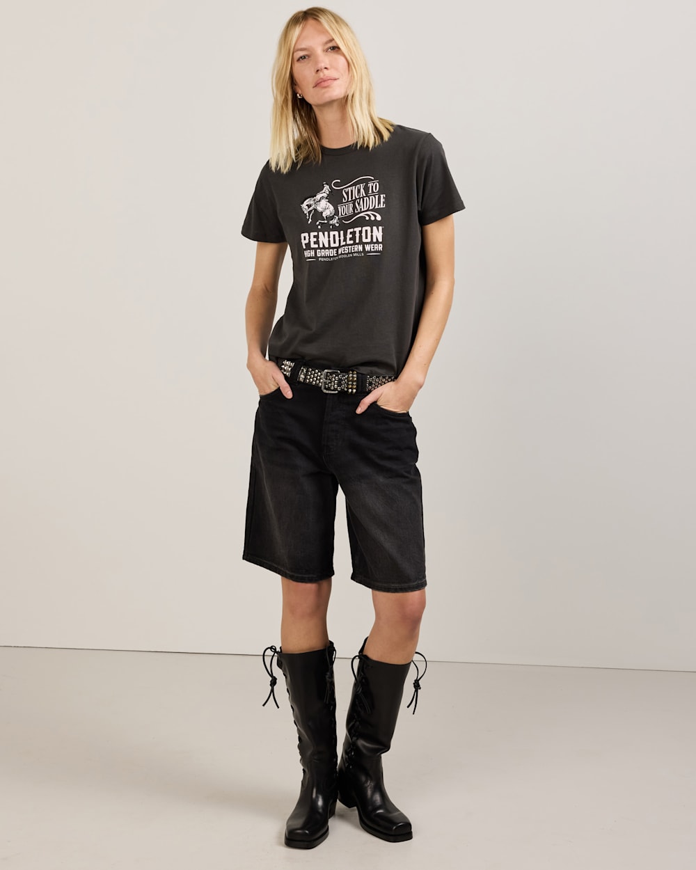 ALTERNATE VIEW OF WOMEN'S STICK TO YOUR SADDLE GRAPHIC TEE IN VINTAGE BLACK image number 5