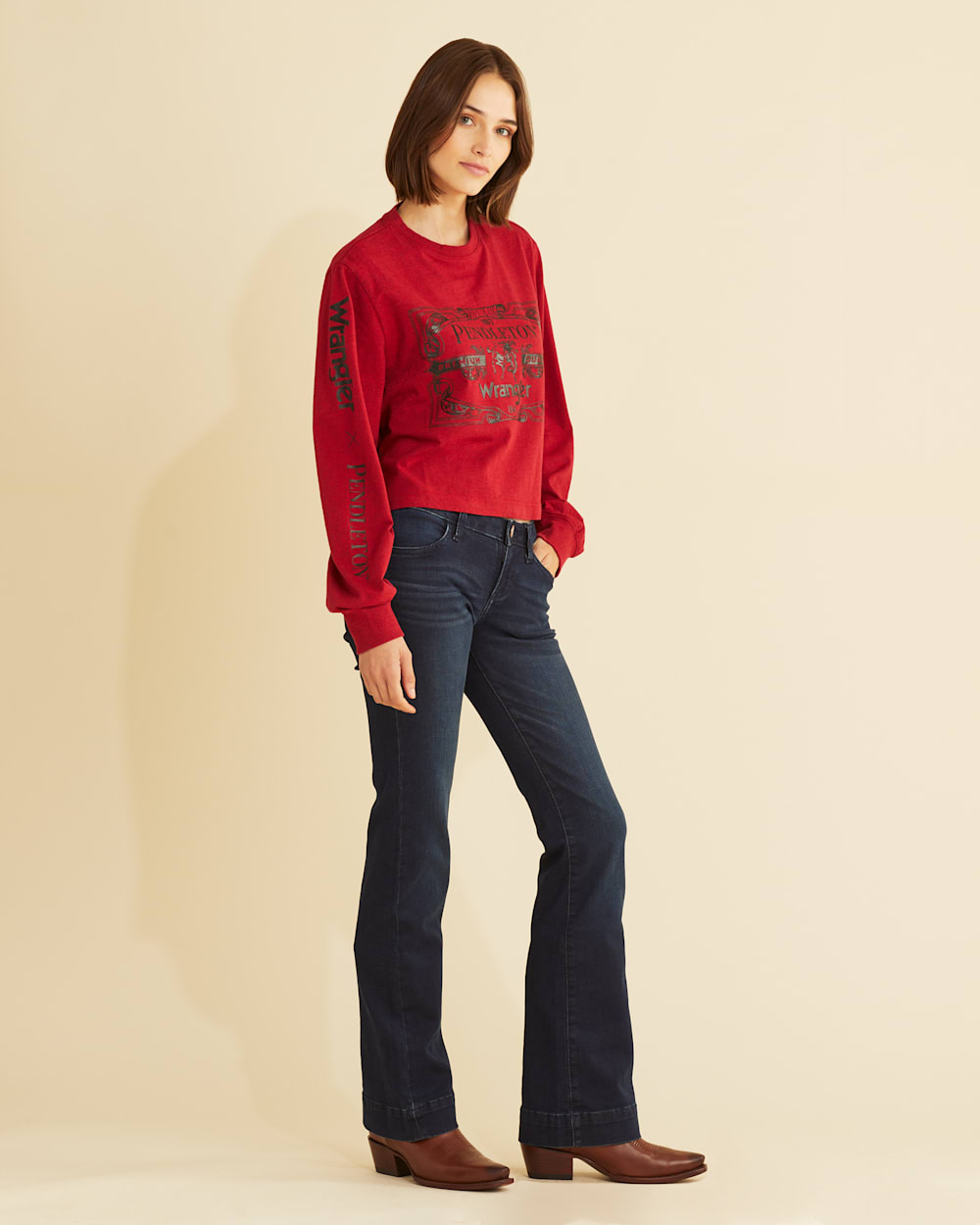 ALTERNATE VIEW OF WRANGLER X PENDLETON WOMEN'S LONG-SLEEVE CROPPED LOGO TEE IN RED image number 2