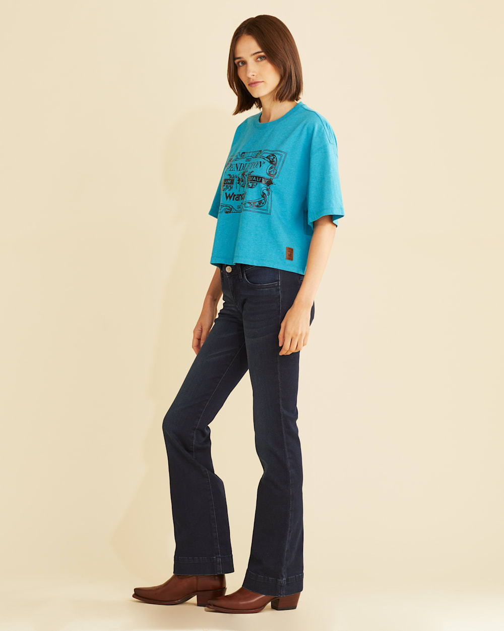 ALTERNATE VIEW OF WRANGLER X PENDLETON WOMEN'S SHORT-SLEEVE CROPPED LOGO TEE IN BRIGHT BLUE image number 2