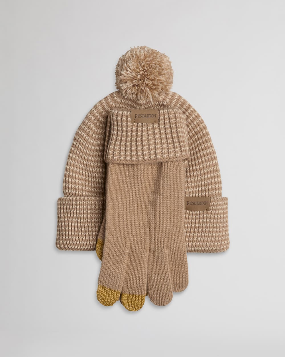 POM POM BEANIE & TEXTING GLOVES SET IN TAN image number 1