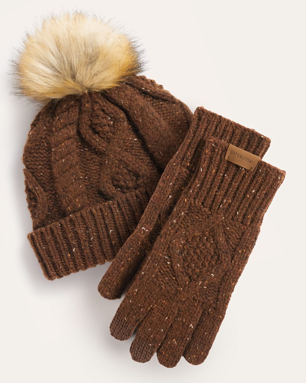 CABLE KNIT TEXTING GLOVES AND BEANIE SET IN WALNUT DONEGAL image number 1