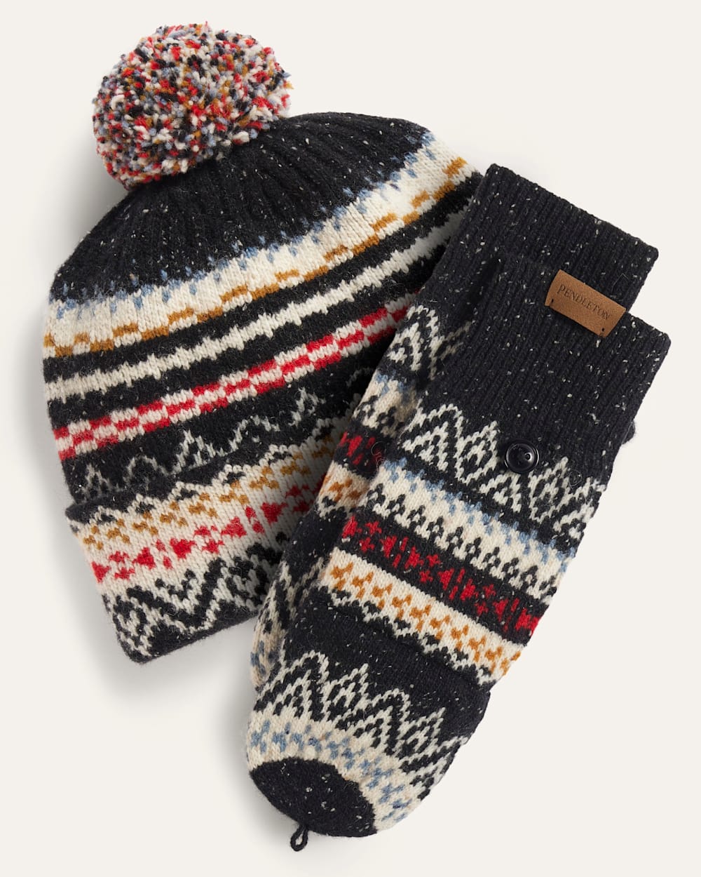 ALTERNATE VIEW OF LAMBSWOOL CONVERTIBLE MITTENS AND BEANIE SET IN FAIRISLE BLACK image number 1