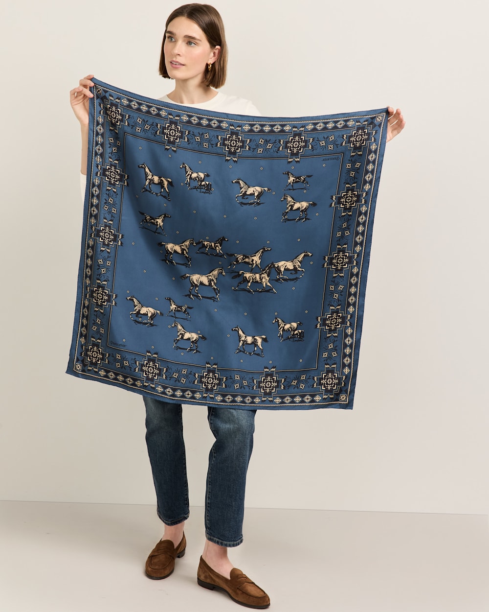ALTERNATE VIEW OF HERD OF HORSES SILK SCARF IN BLUE image number 6