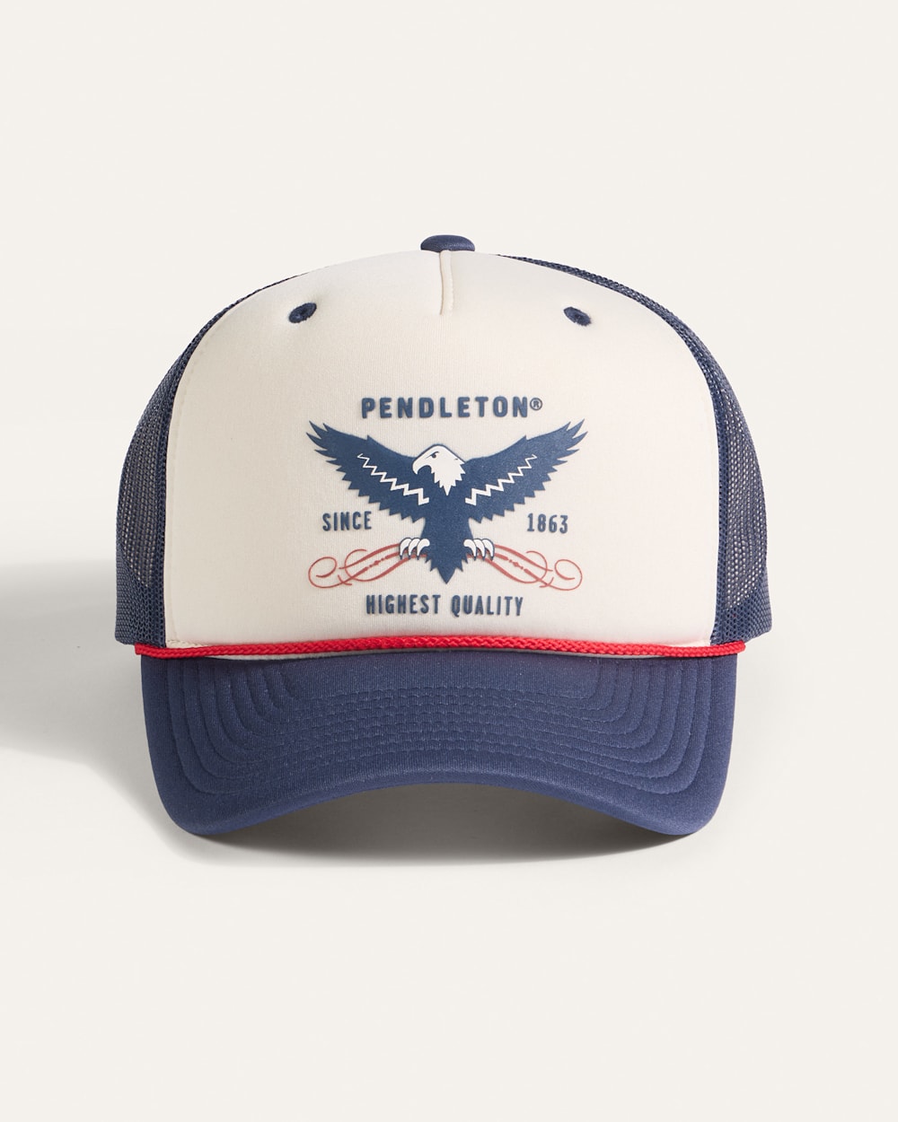 ALTERNATE VIEW OF EAGLE FIVE PANEL TRUCKER HAT IN NAVY/WHITE image number 3