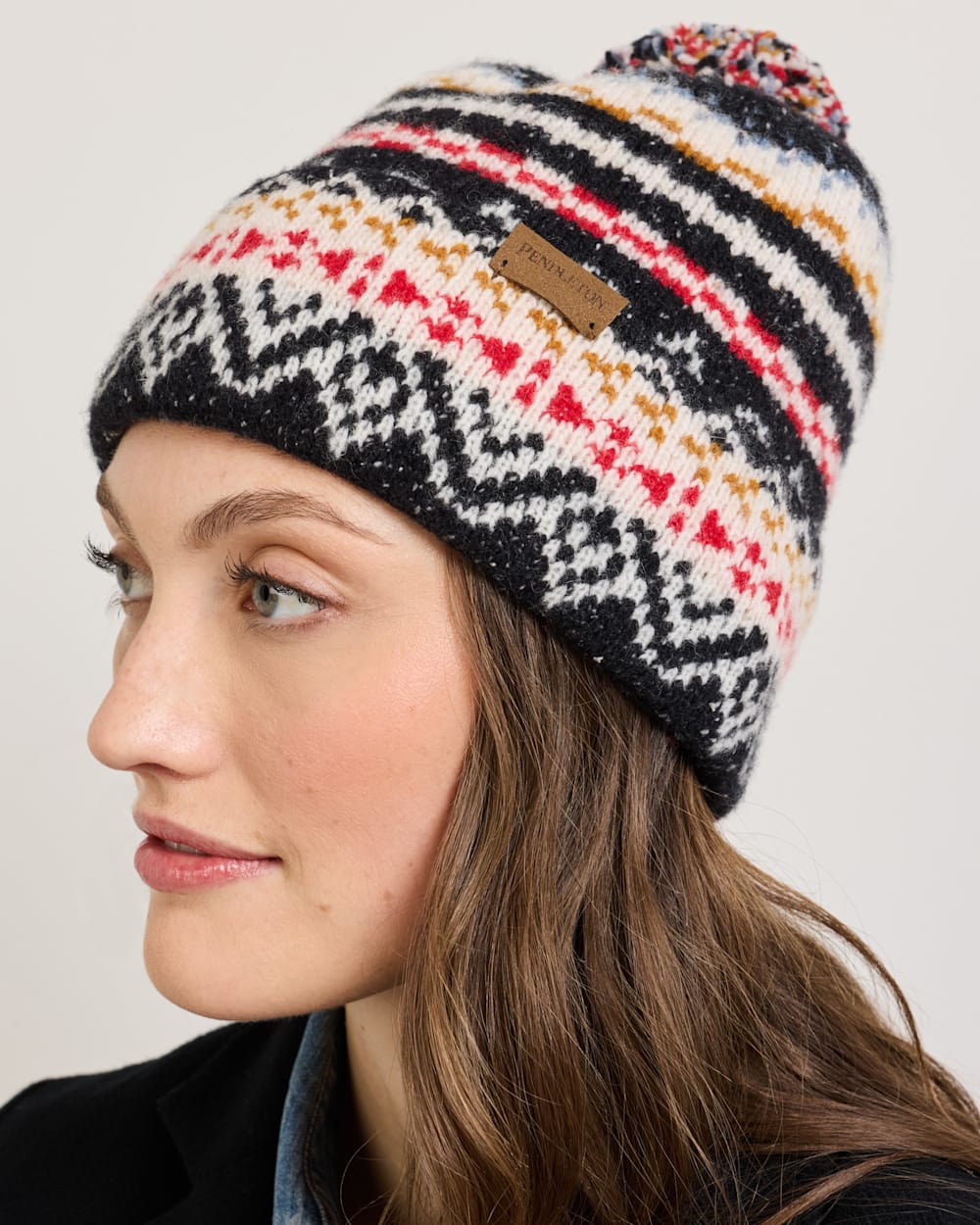 ALTERNATE VIEW OF FAIRISLE LAMBSWOOL POM BEANIE IN BLACK image number 2
