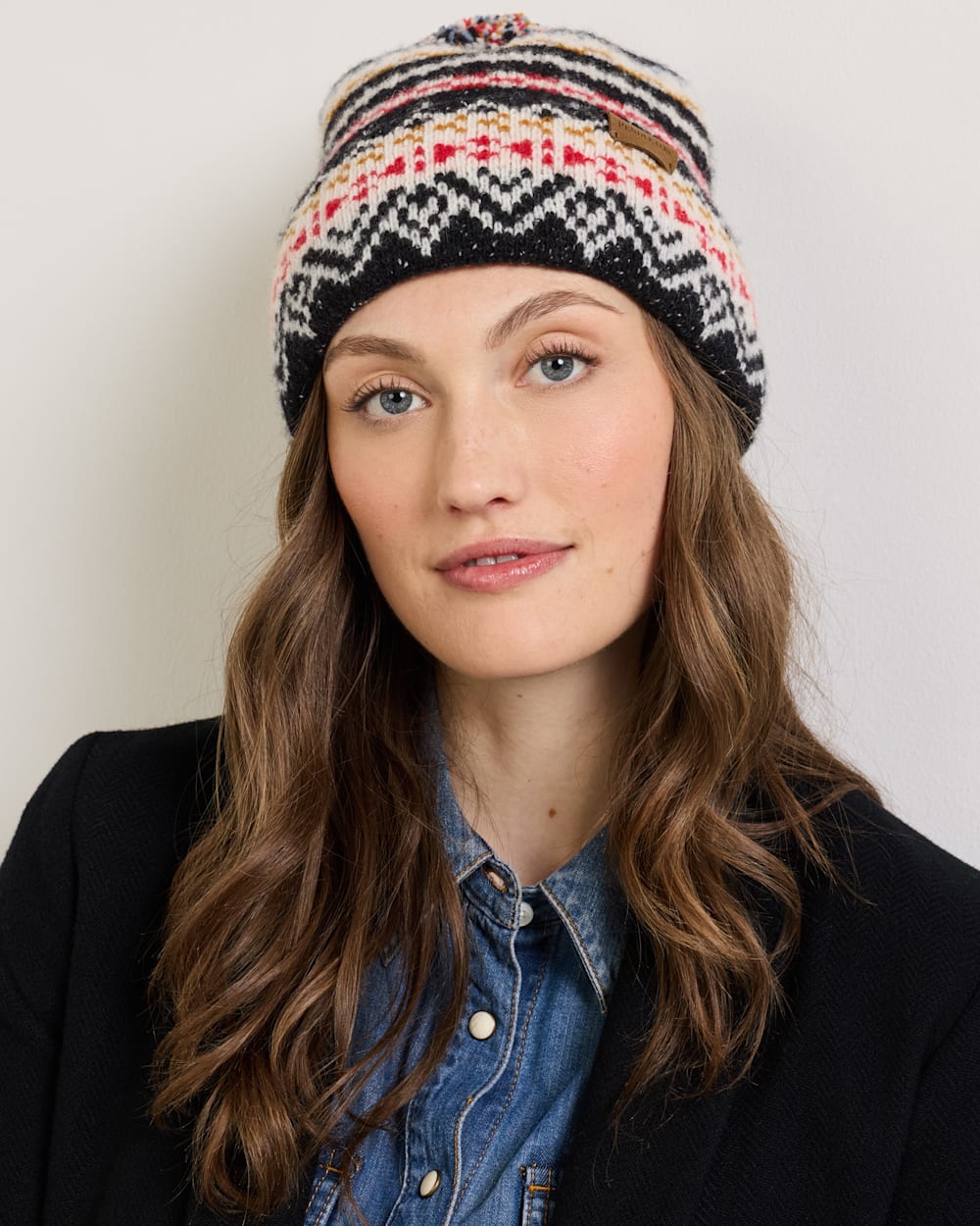 ALTERNATE VIEW OF FAIRISLE LAMBSWOOL POM BEANIE IN BLACK image number 3