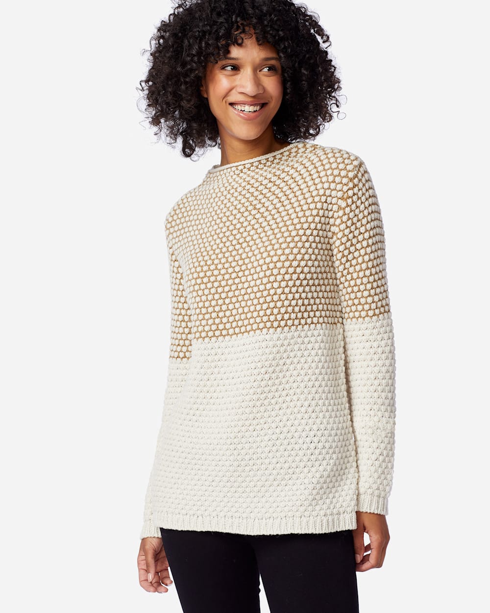 WOMEN'S TEXTURED FUNNEL NECK PULLOVER IN CAMEL/ANTIQUE WHITE image number 1