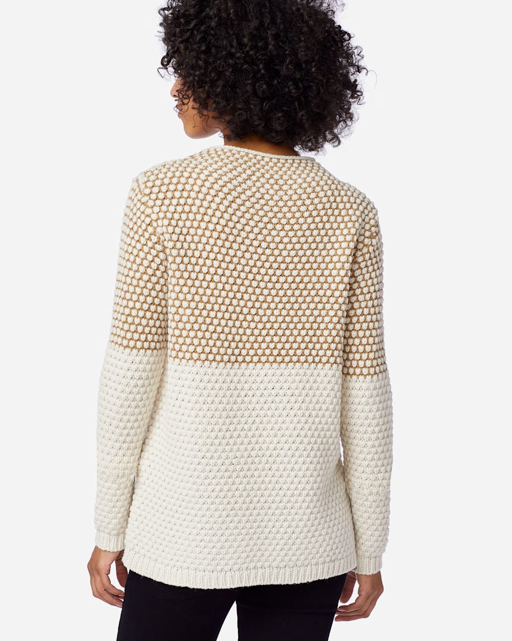 ALTERNATE VIEW OF WOMEN'S TEXTURED FUNNEL NECK PULLOVER IN CAMEL/ANTIQUE WHITE image number 3