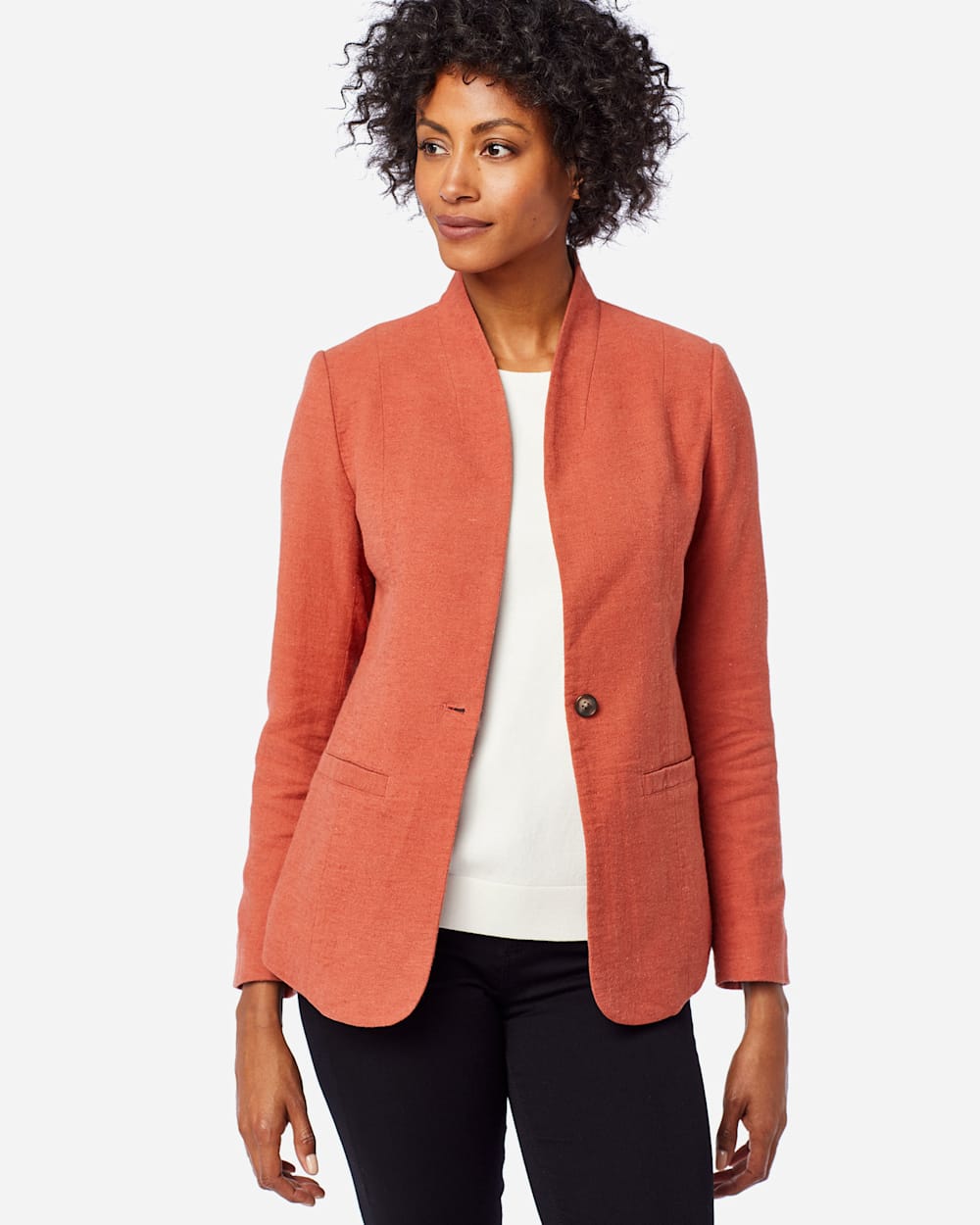 ALTERNATE VIEW OF WOMEN'S COLLARLESS ONE BUTTON BLAZER IN TERRA COTTA image number 2