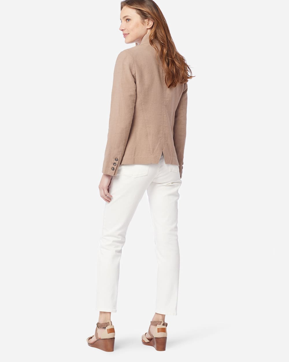 ALTERNATE VIEW OF WOMEN'S COLLARLESS ONE BUTTON BLAZER IN TAUPE image number 3